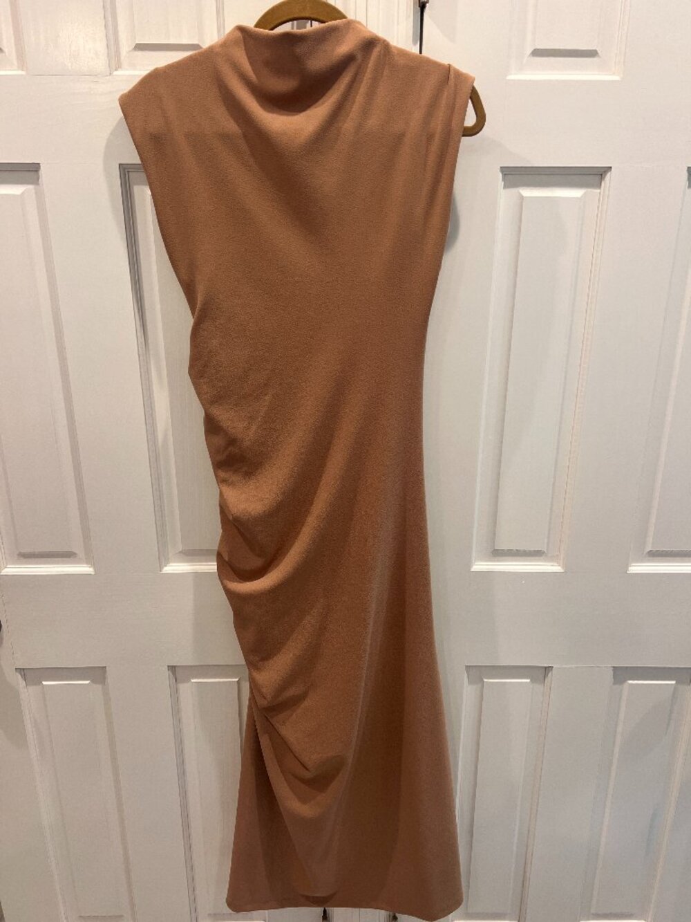 Share Anthropologie side ruched tan maxi dress size small